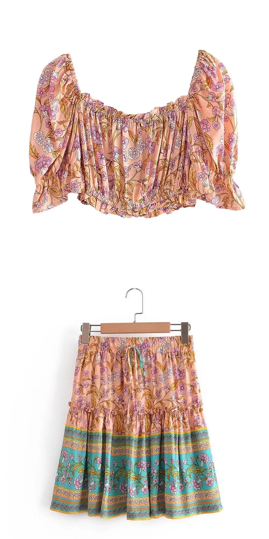 Fashion Apricot Square Neck Pleated Print Skirt Set,Suits