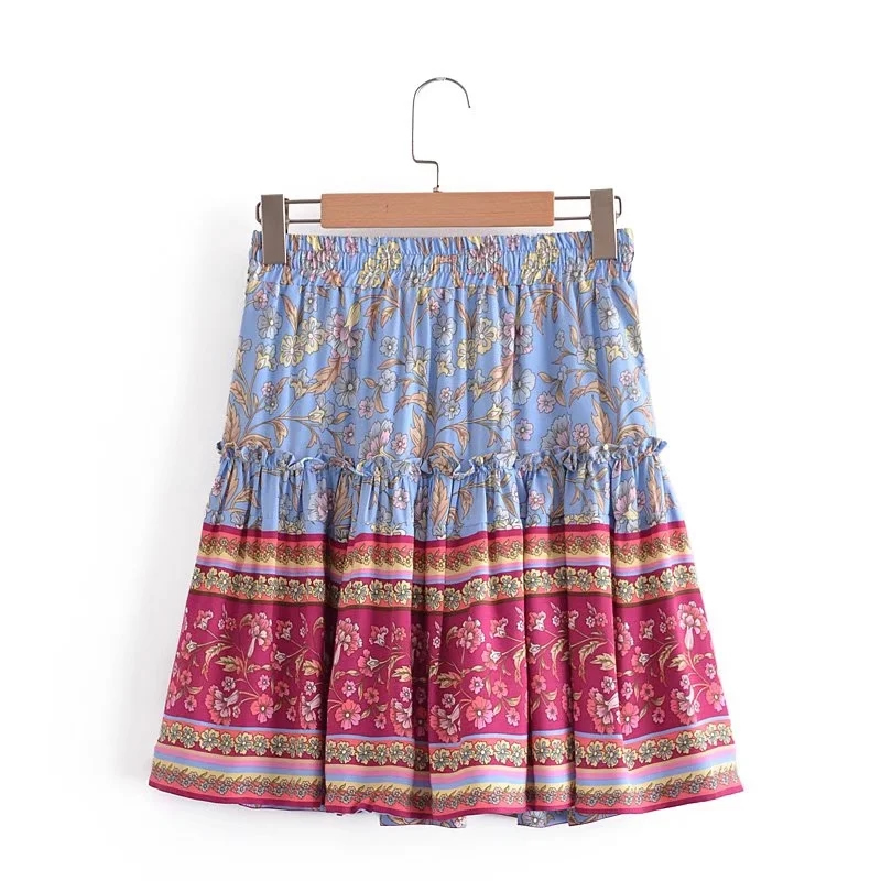 Fashion Blue Square Neck Pleated Print Skirt Set,Suits