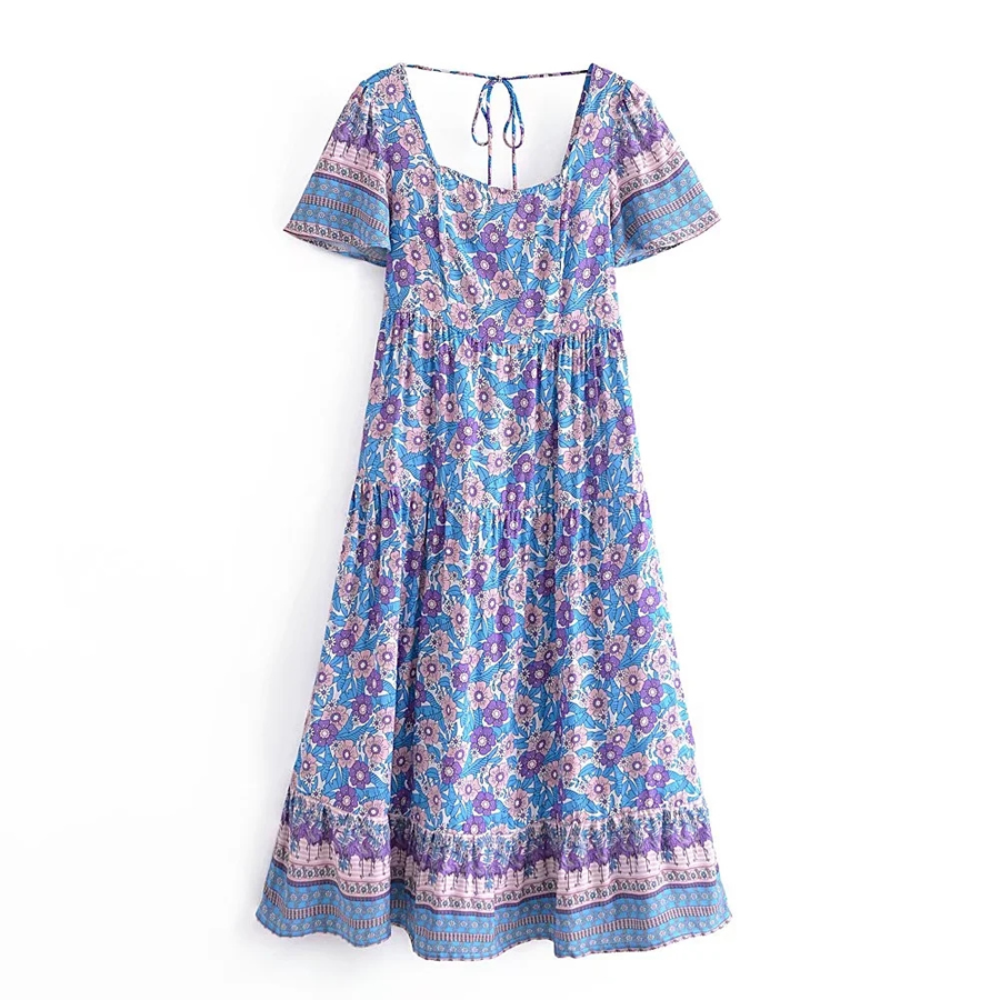 Fashion Blue Print Printed Tie-back Maxi Dress,Long Dress