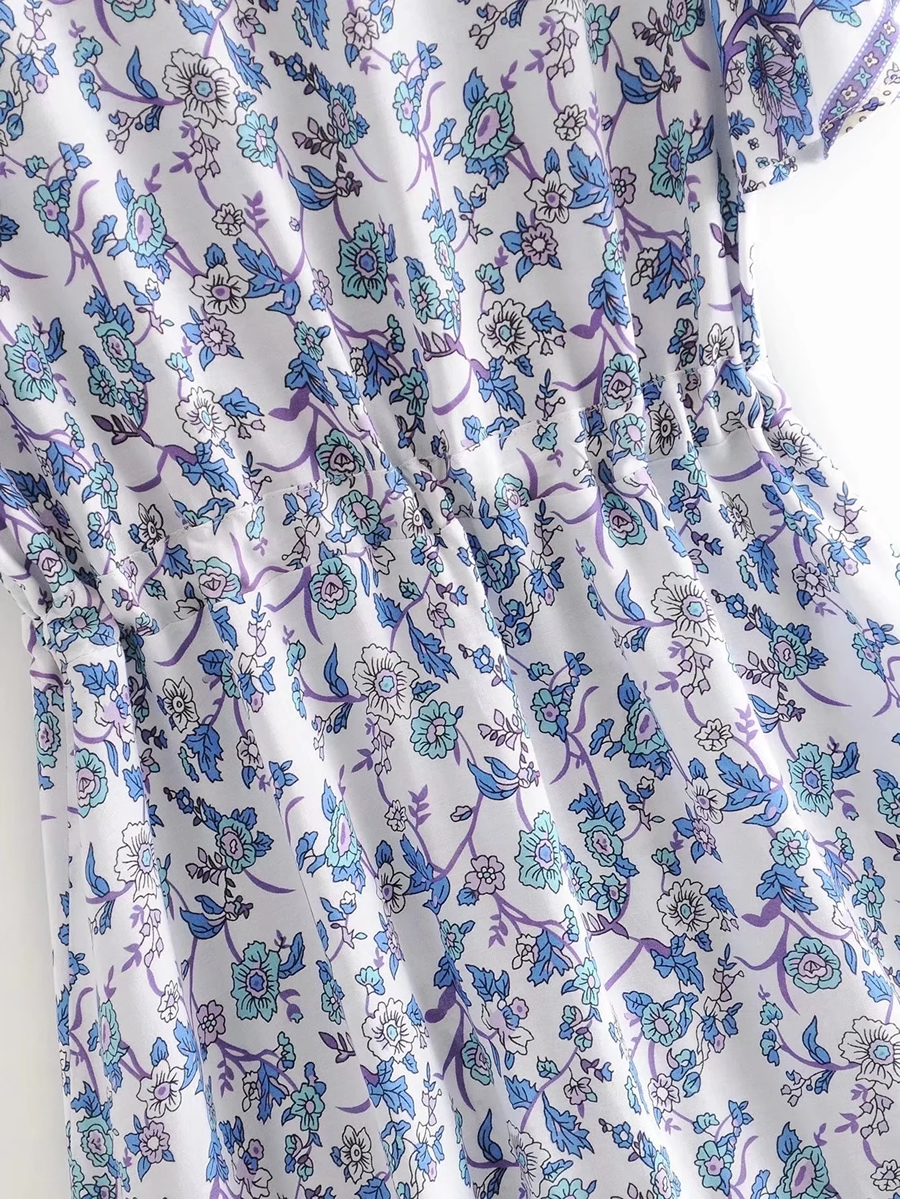 Fashion Blue V-neck Printed Lace-up Dress,Mini & Short Dresses