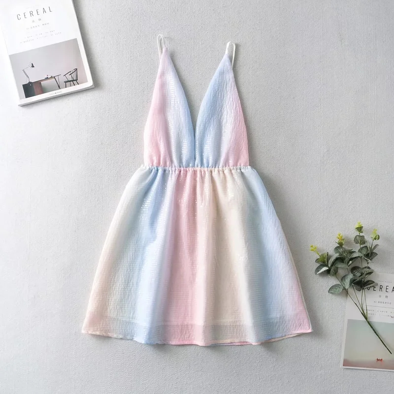 Fashion Color Colorblock V-neck Slip Dress,Mini & Short Dresses