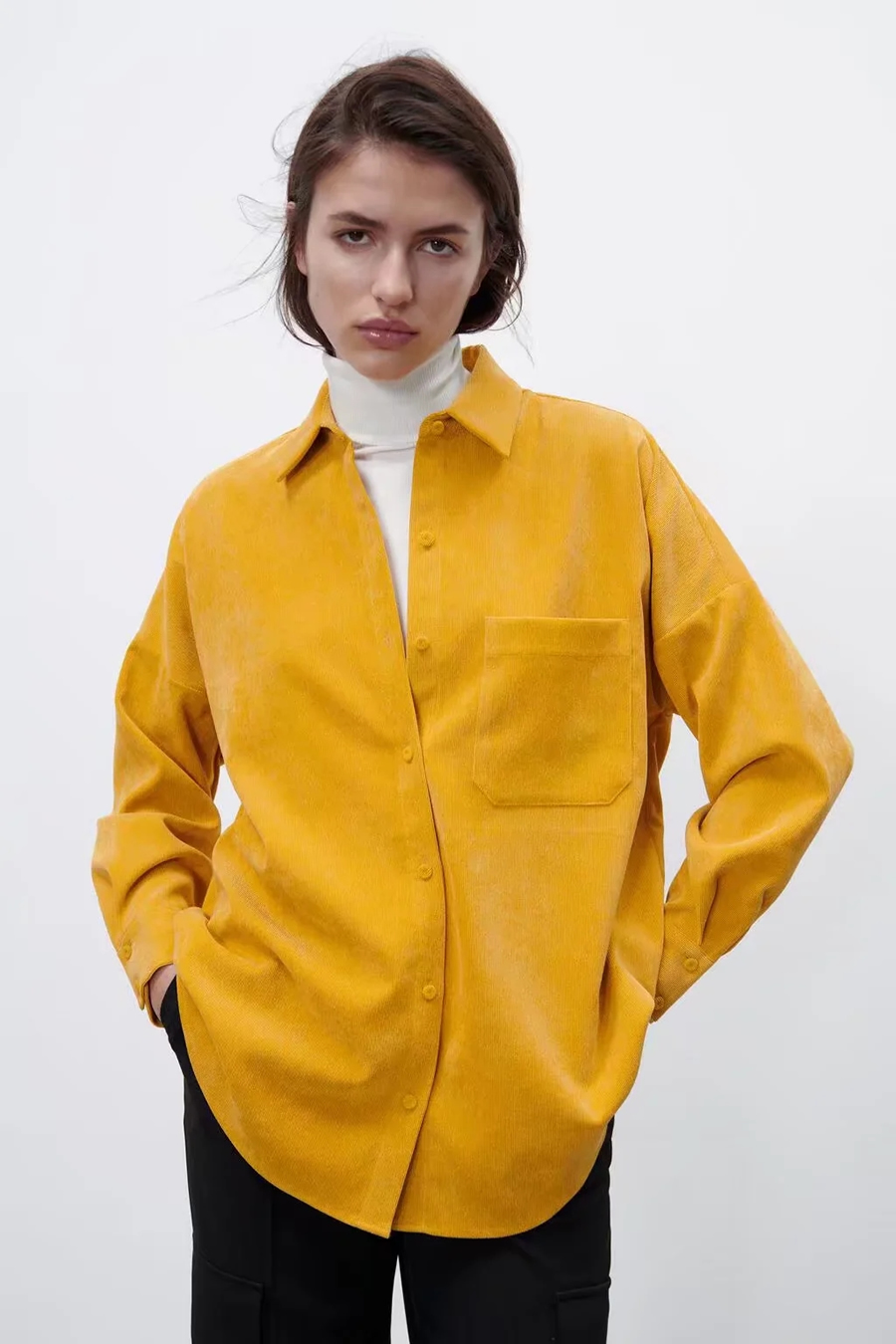 Fashion Yellow Lapel Button Pocket Shirt,Tank Tops & Camis