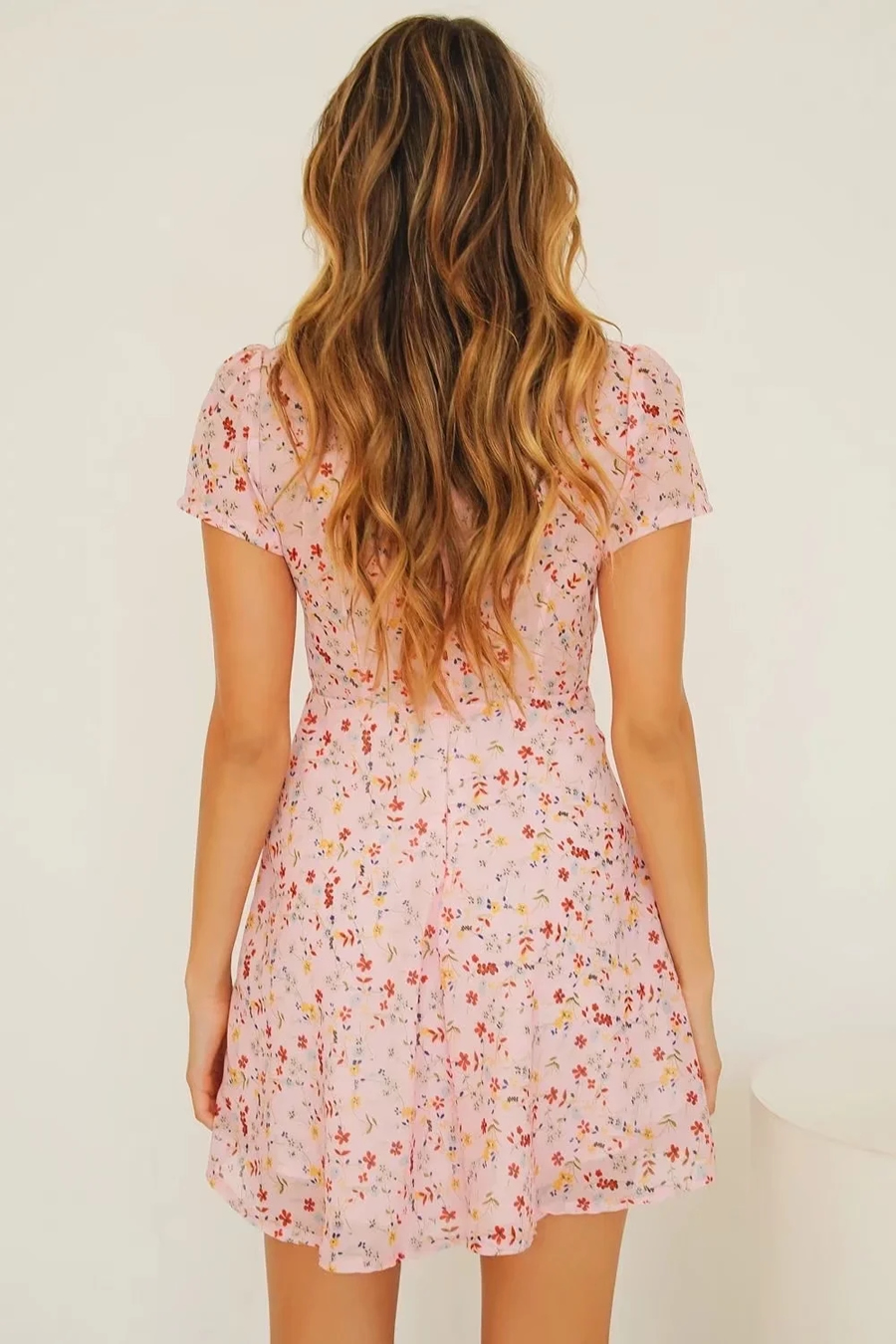 Fashion Pink V-neck Print Dress,Mini & Short Dresses