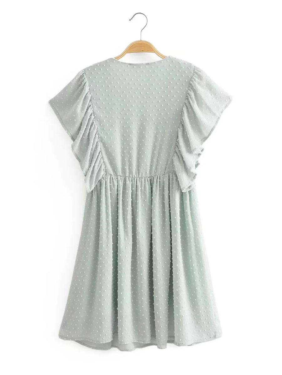 Fashion Green V-neck Ruffle Sleeve Dress,Mini & Short Dresses