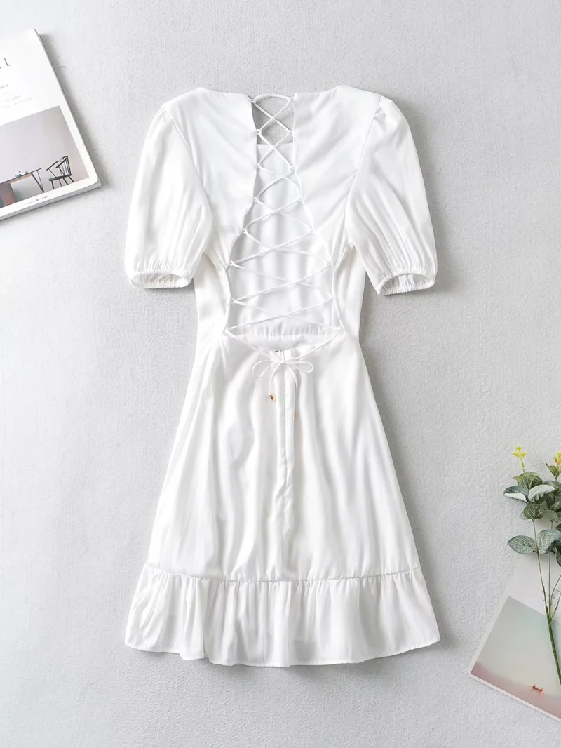 Fashion White Lace-up Drawstring Dress,Mini & Short Dresses