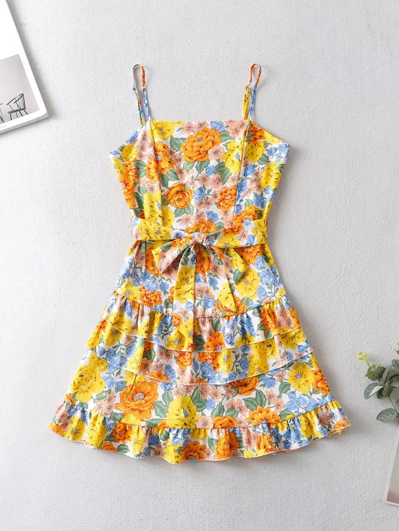 Fashion Yellow Flower Printed Slip Dress,Mini & Short Dresses