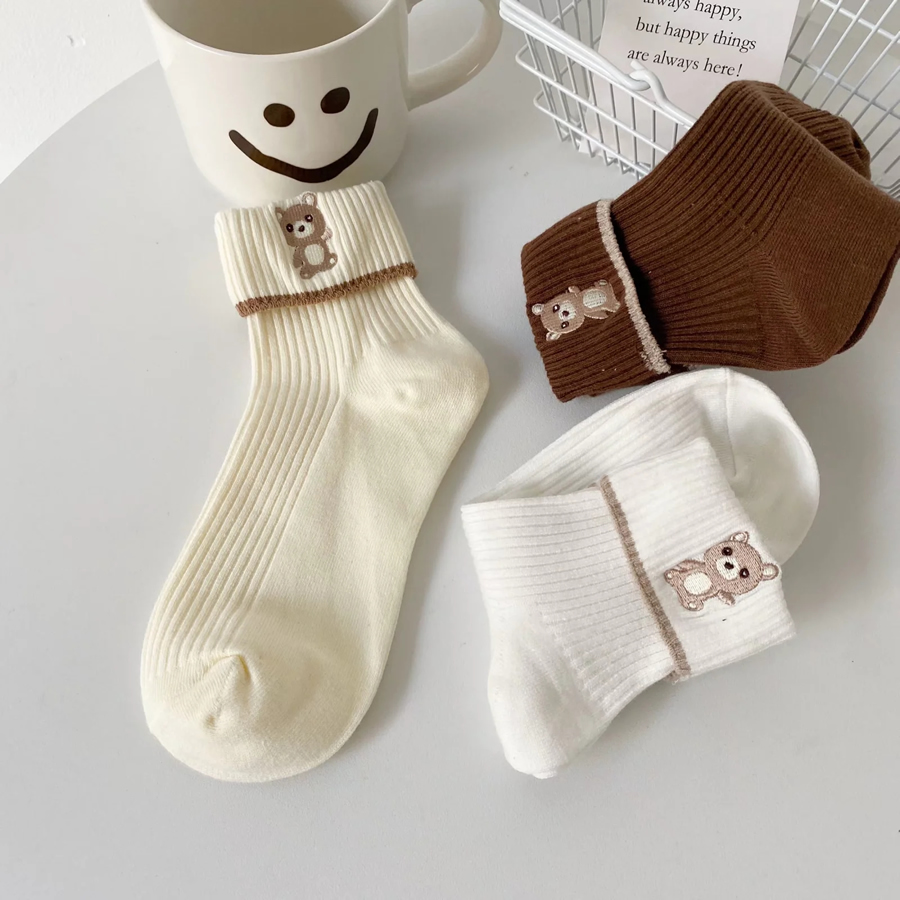 Fashion Six Pairs And One Pack Contrasting Color Reverse Socks Cute Bear Embroidered Socks,Fashion Socks