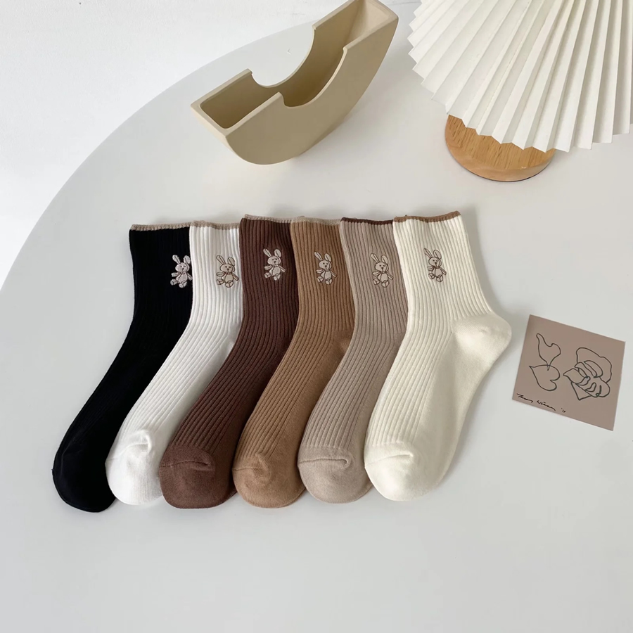 Fashion Six Pairs And One Pack Contrast Color Bunny Embroidered Socks,Fashion Socks