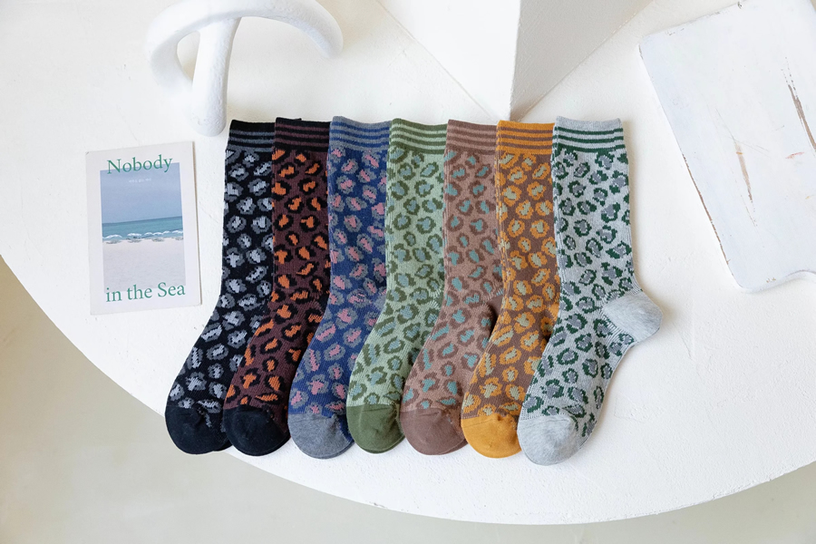 Fashion Seven Pairs One Pack Small Leopard Print Double Needle Two Way Socks,Fashion Socks