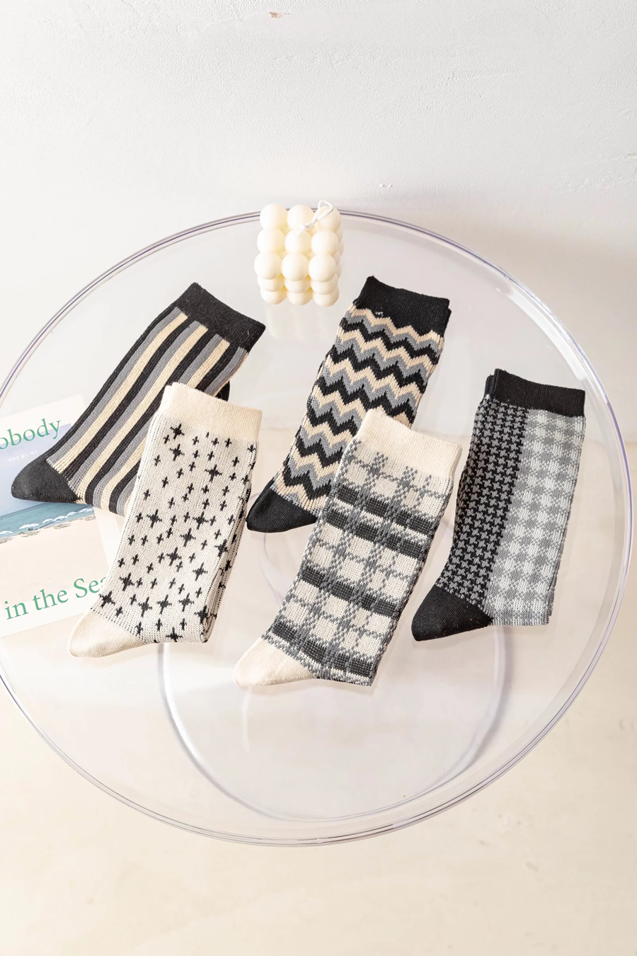 Fashion Five Pairs And One Pack Geometric Print Double Needle Two Way Socks,Fashion Socks