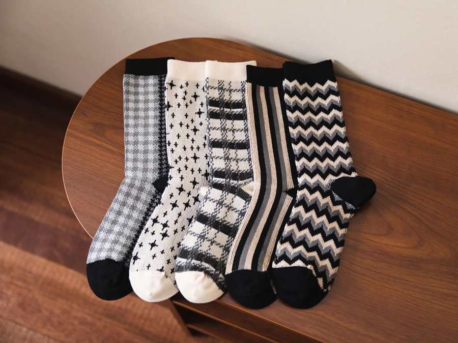 Fashion Five Pairs And One Pack Geometric Print Double Needle Two Way Socks,Fashion Socks