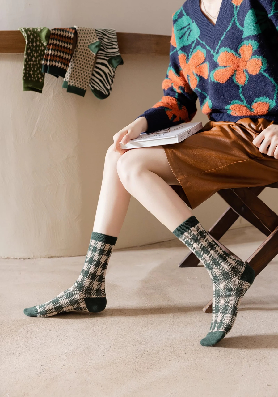 Fashion Five Pairs And One Pack Check Zebra Geometric Print Cotton Socks,Fashion Socks