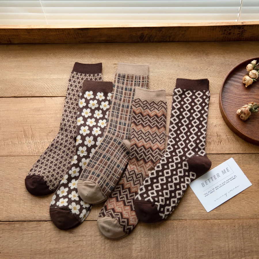 Fashion Five Pairs And One Pack Check Zebra Geometric Print Cotton Socks,Fashion Socks