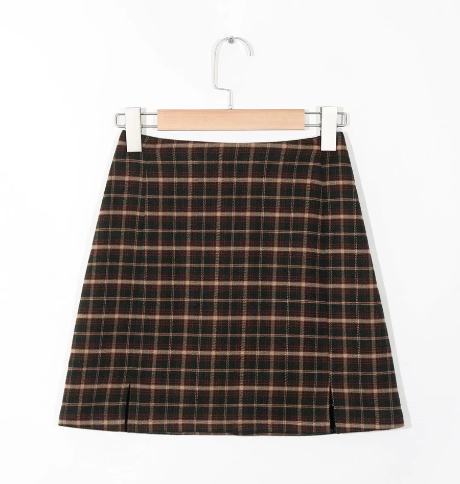 Fashion Plaid Check Slit Skirt,Skirts