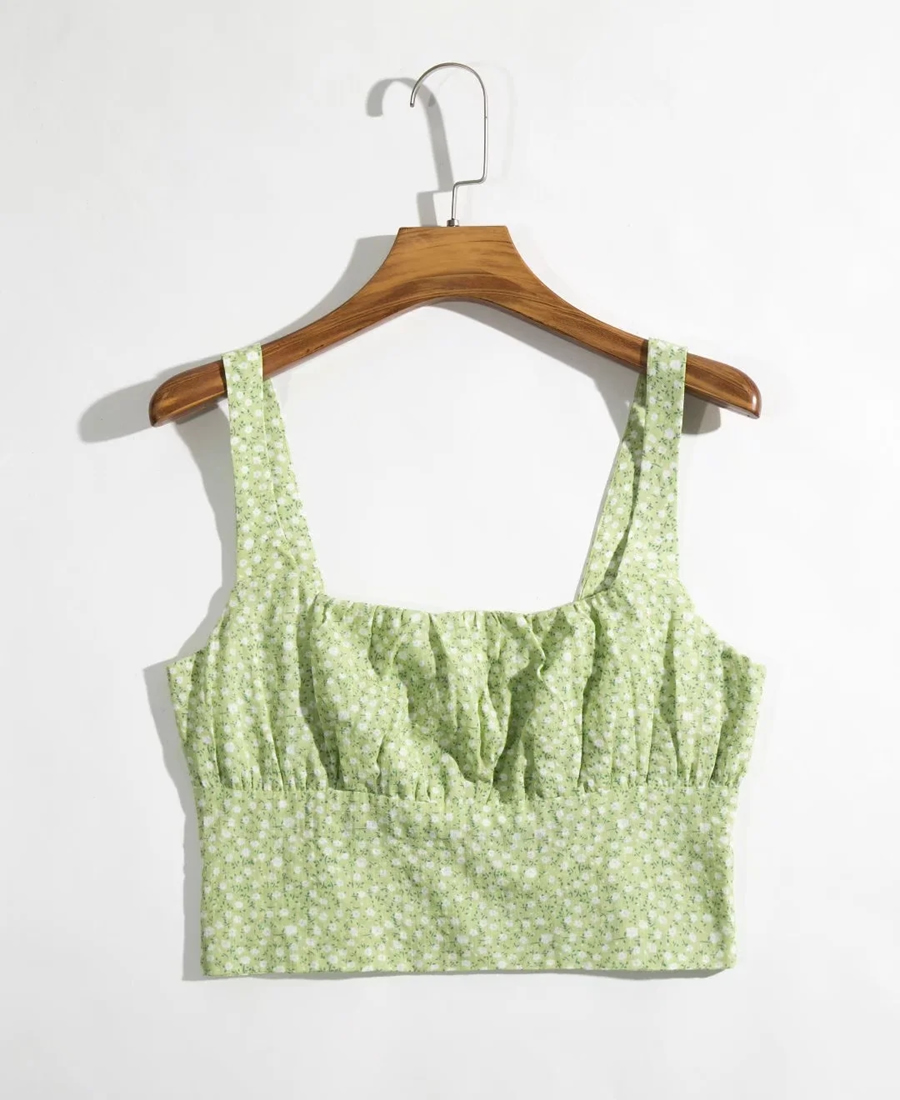 Fashion Green Printed Crinkled Vest,Tank Tops & Camis