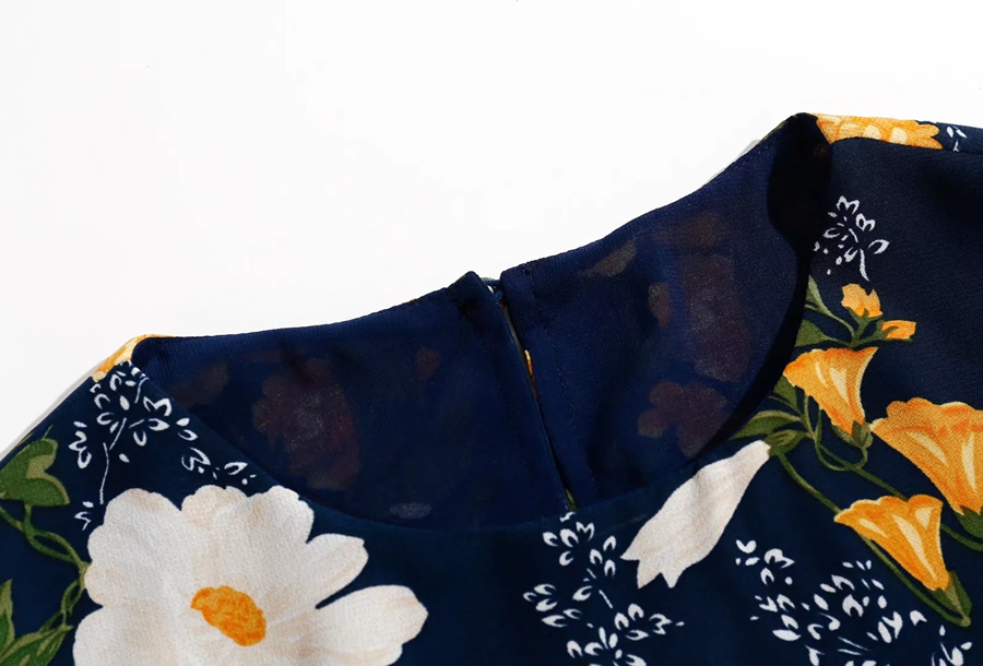 Fashion Navy Blue Floral Printed Sleeveless Crewneck Dress,Long Dress