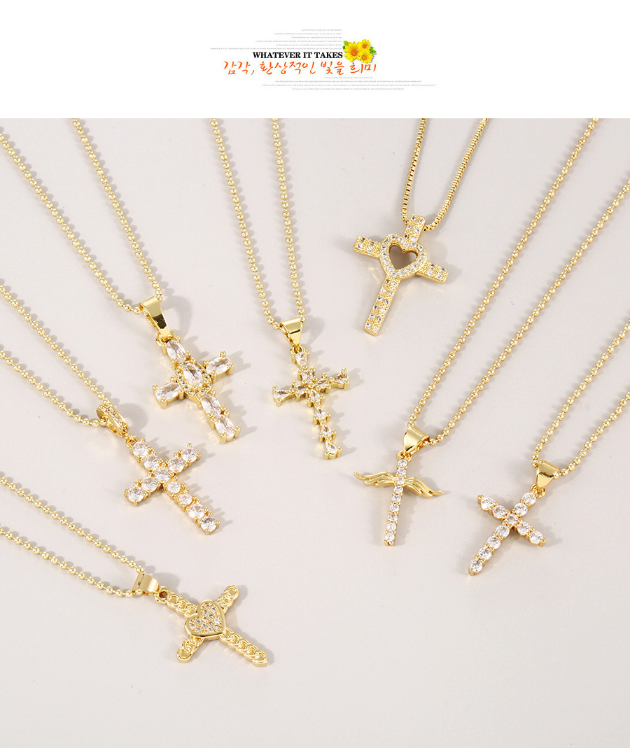 Fashion Gold-3 Bronze Zirconium Cross Heart Necklace,Necklaces
