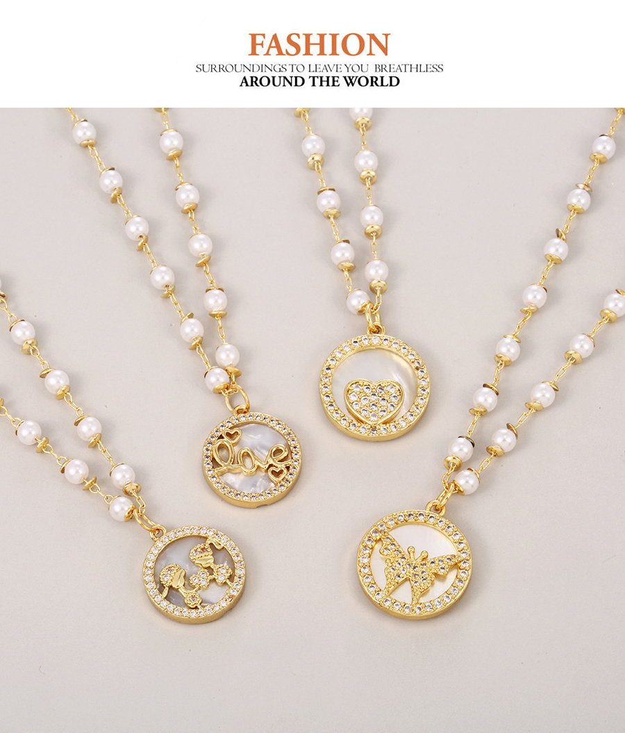 Fashion Gold Bronze Zircon Pearl Shell Butterfly Necklace,Necklaces