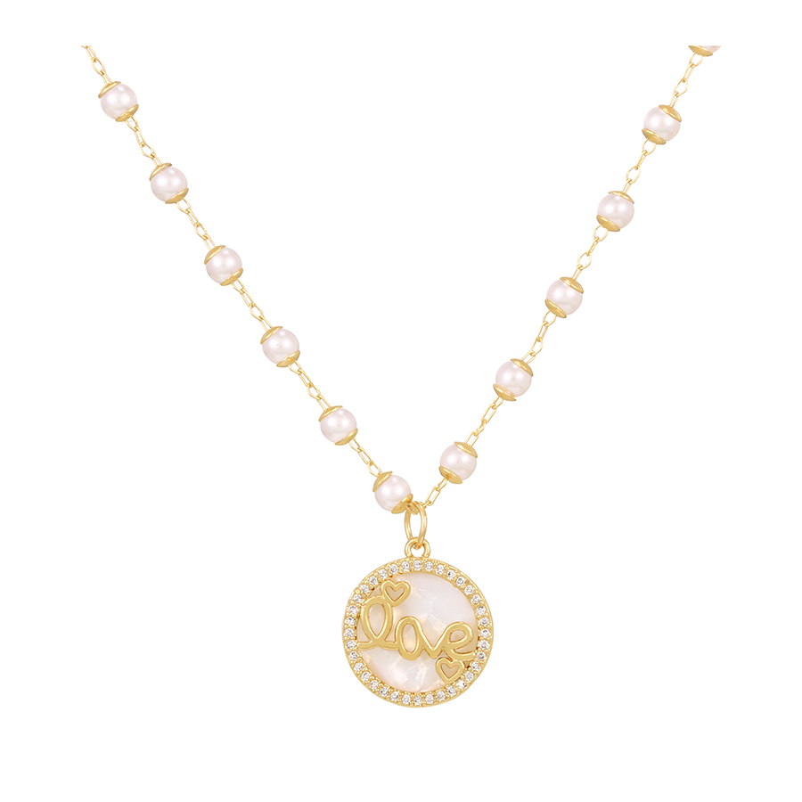 Fashion Gold-2 Copper Inlaid Zircon Pearl Shell Letter Love Necklace,Necklaces