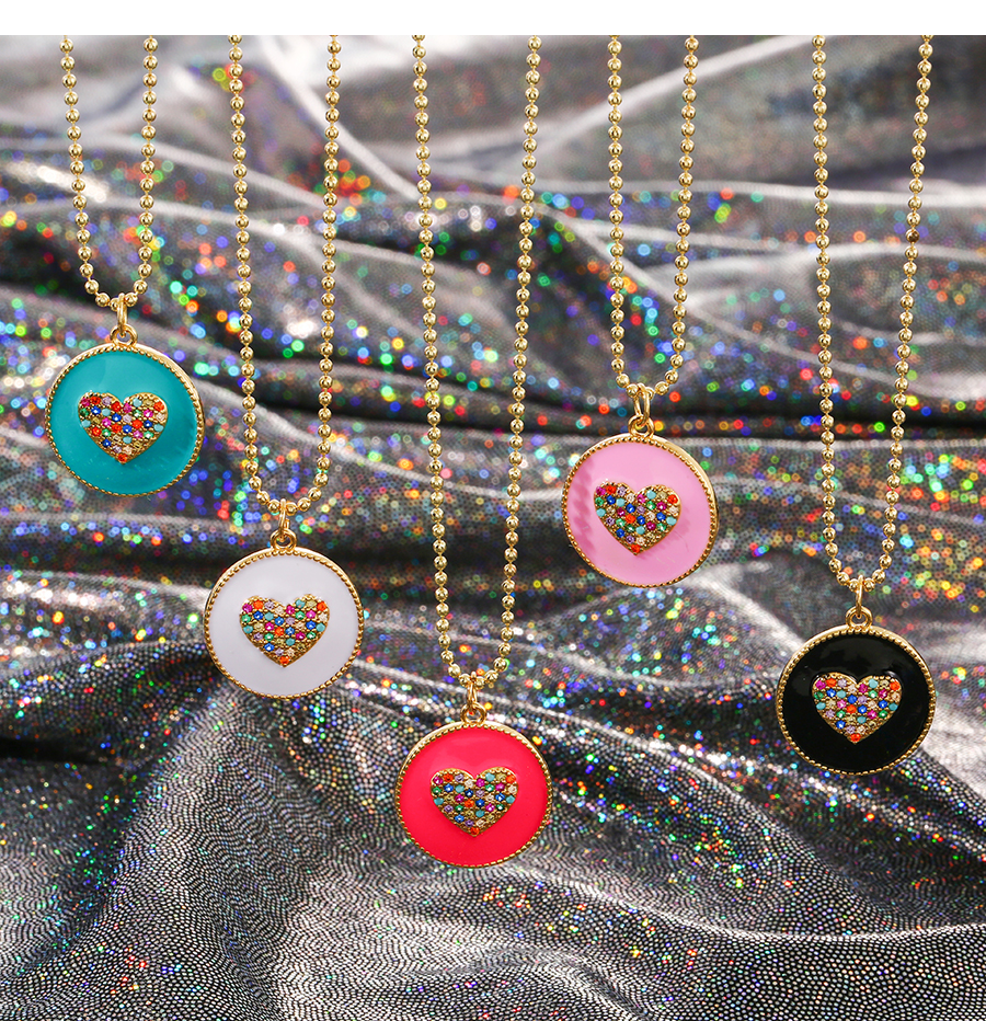 Fashion Pink Bronze Zircon Drip Oil Round Heart Necklace,Necklaces