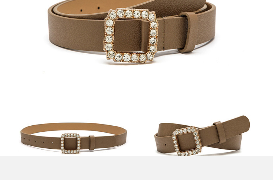 Fashion Dark Khaki Diamond-studded Square Buckle Pu Wide Belt,Wide belts