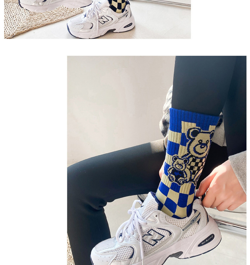 Fashion Blue Cotton Check Bear Embroidery Socks,Fashion Socks