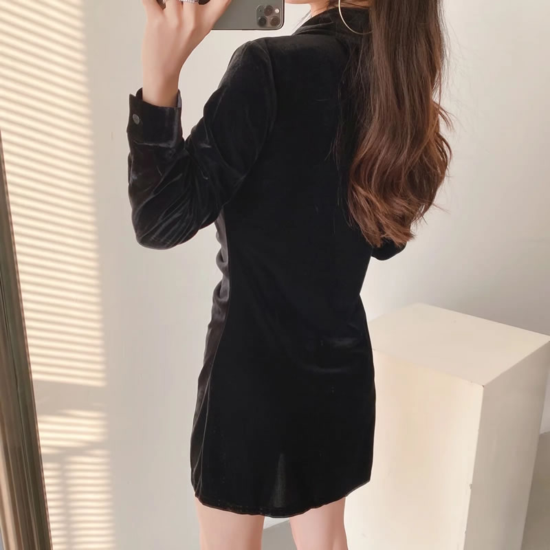 Fashion Black Velvet Pleated Shirt Dress,Mini & Short Dresses