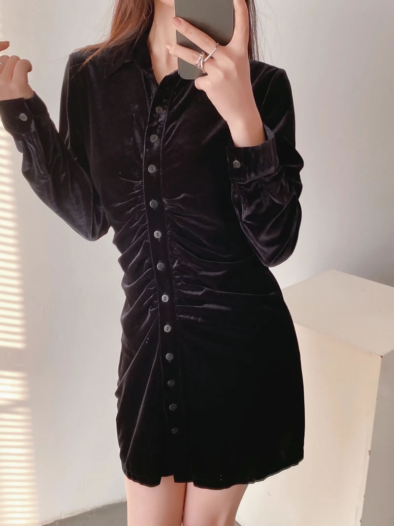 Fashion Black Velvet Pleated Shirt Dress,Mini & Short Dresses