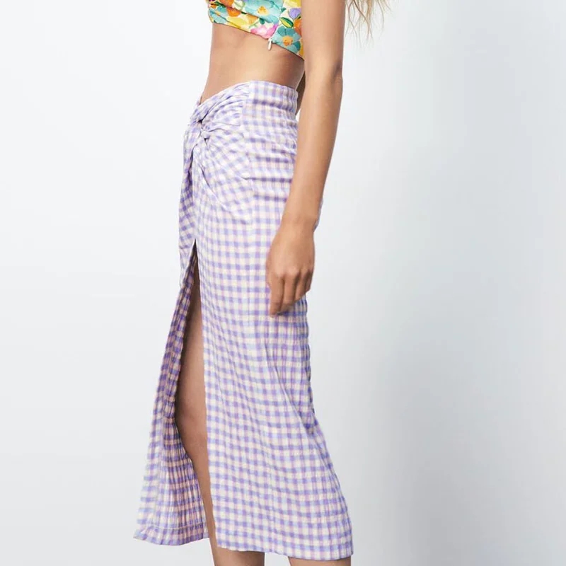 Fashion Purple Woven Check Knotted Skirt,Skirts