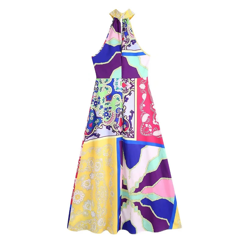 Fashion Multicolor Printed Halterneck Dress,Long Dress