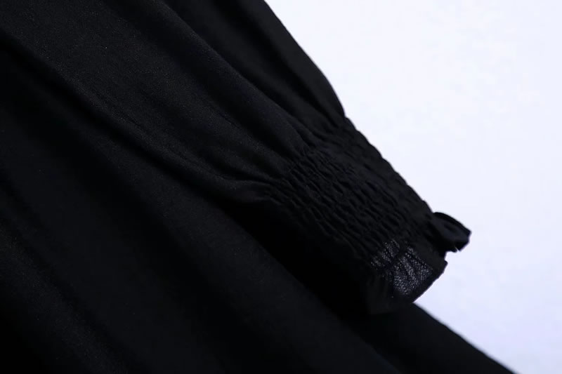 Fashion Black Woven Pleated Lapel Dress,Long Dress