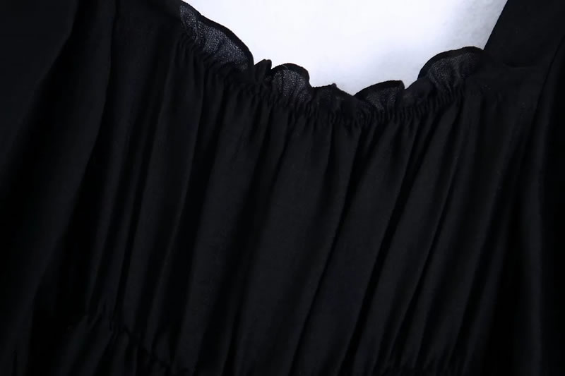 Fashion Black Woven Pleated Lapel Dress,Long Dress