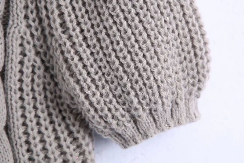 Fashion Beige Geometric Knit Puff Sleeve Sweater,Sweater