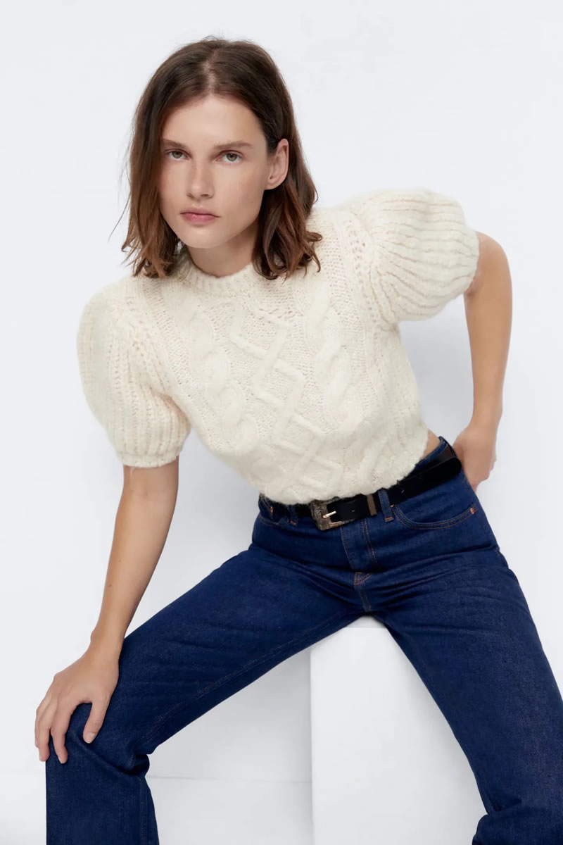 Fashion Beige Geometric Knit Puff Sleeve Sweater,Sweater