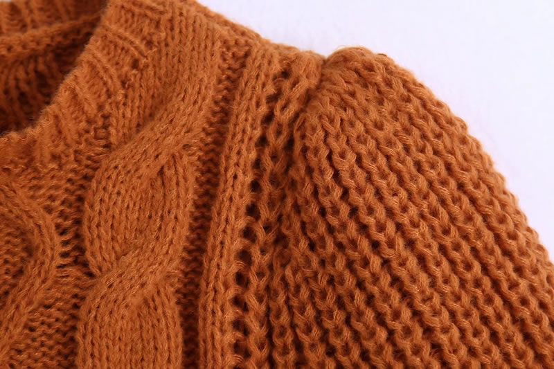 Fashion Brown Geometric Knit Puff Sleeve Sweater,Sweater