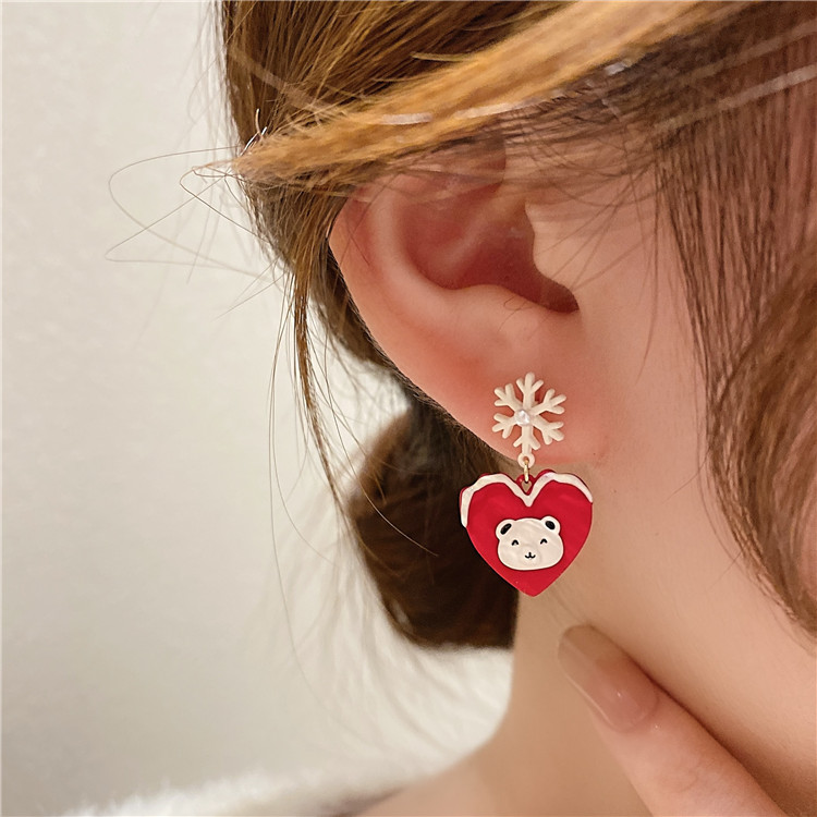 Fashion Red Alloy Snowflake Love Bear Stud Earrings,Stud Earrings