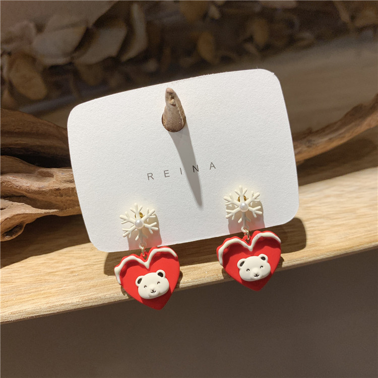 Fashion Red Alloy Snowflake Love Bear Stud Earrings,Stud Earrings