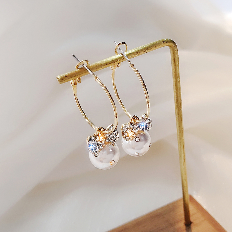 Fashion Gold Alloy Diamond Bow Pearl Earrings,Hoop Earrings