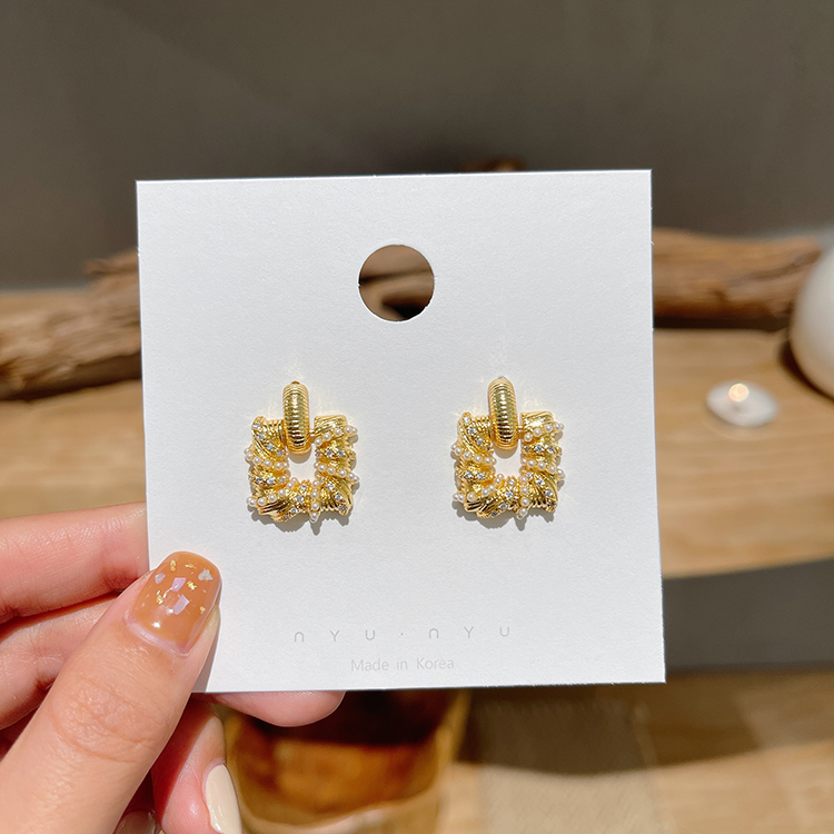 Fashion Gold Metal Diamond Square Stud Earrings,Stud Earrings