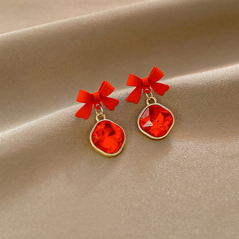 Fashion Red Alloy Diamond Bow Stud Earrings,Stud Earrings