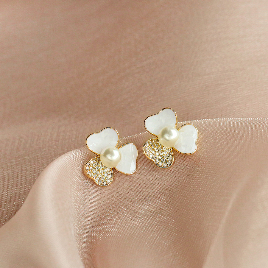 Fashion Gold Alloy Diamond Pearl Flower Stud Earrings,Stud Earrings