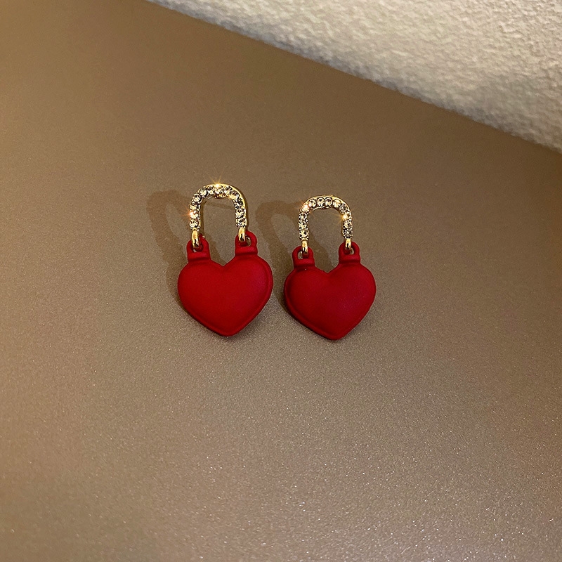 Fashion Red Alloy Diamond Heart Stud Earrings,Stud Earrings