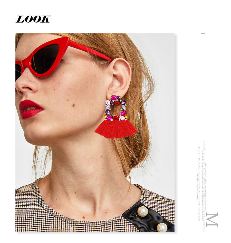 Fashion Red Alloy Diamond Geometric Tassel Stud Earrings,Stud Earrings