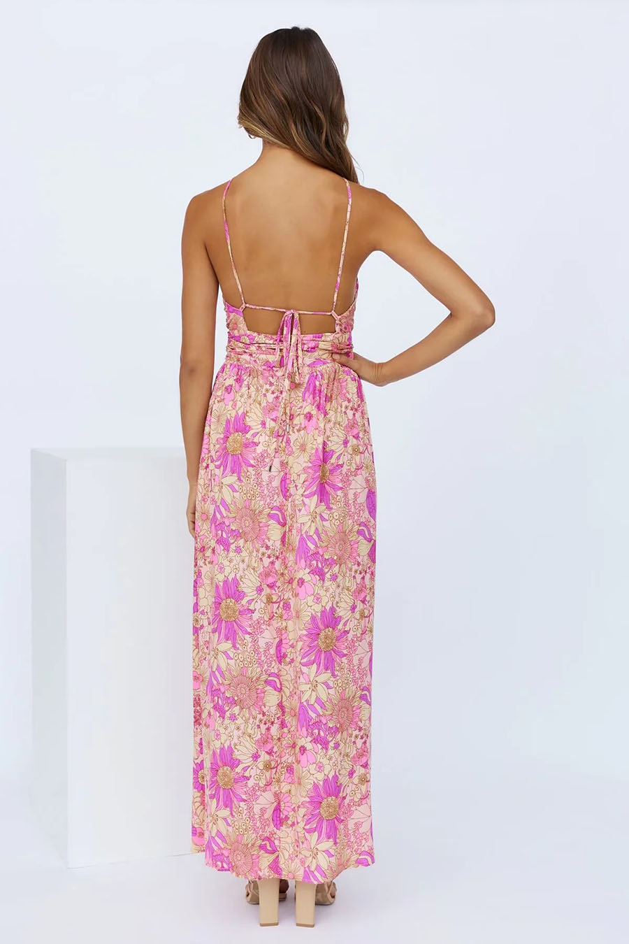 Fashion Pink Printed Halterneck Slip Dress,Long Dress