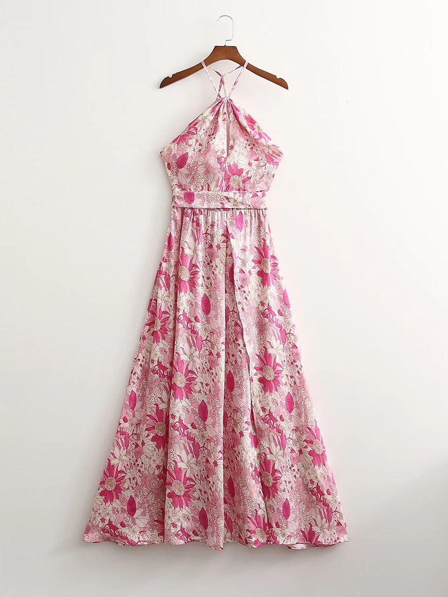 Fashion Pink Printed Halterneck Slip Dress,Long Dress