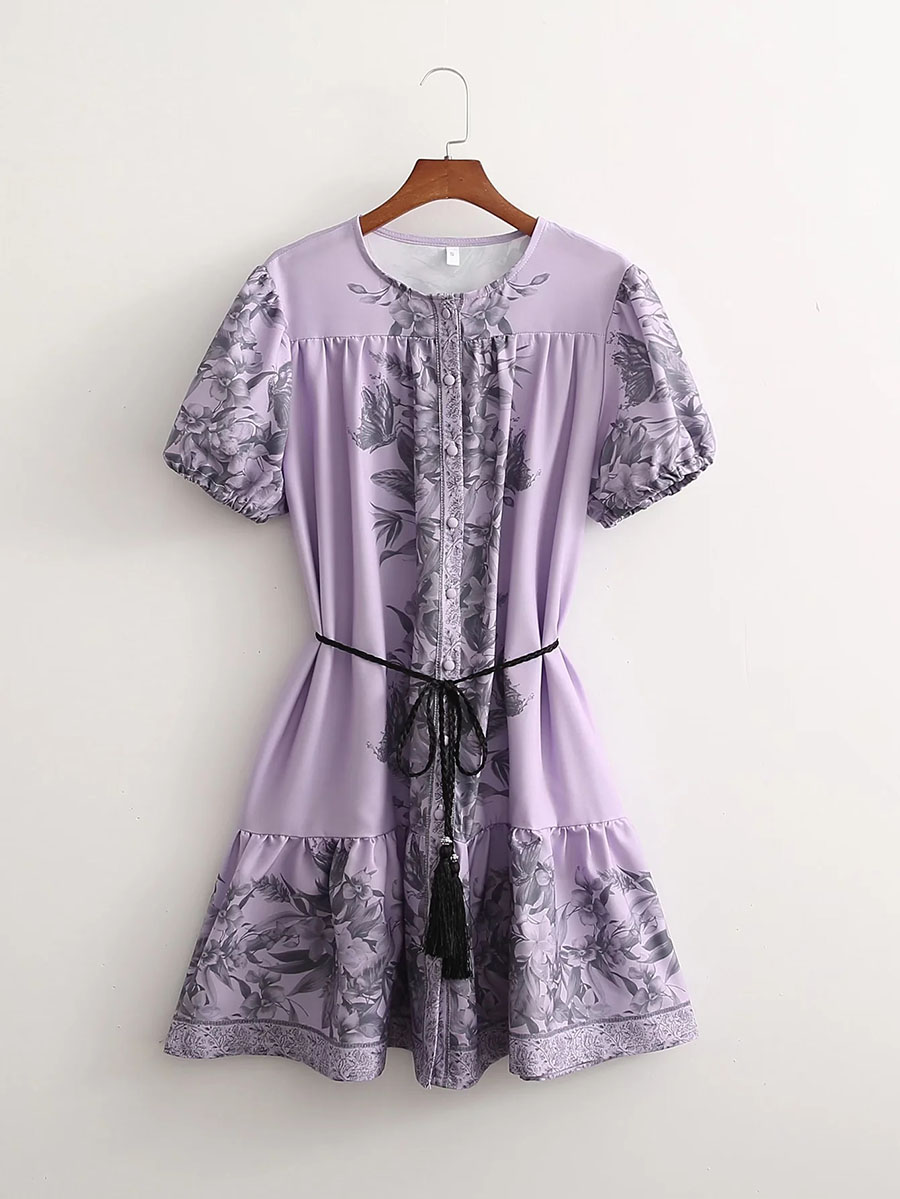 Fashion Purple Printed Lace-up Dress,Mini & Short Dresses