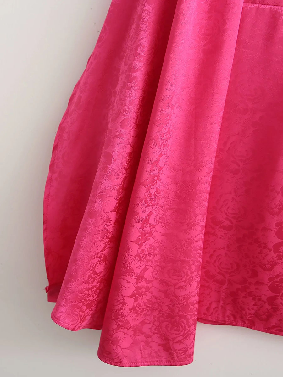 Fashion Rose Red Jacquard Slanted Shoulder Waist Cutout Dress,Mini & Short Dresses