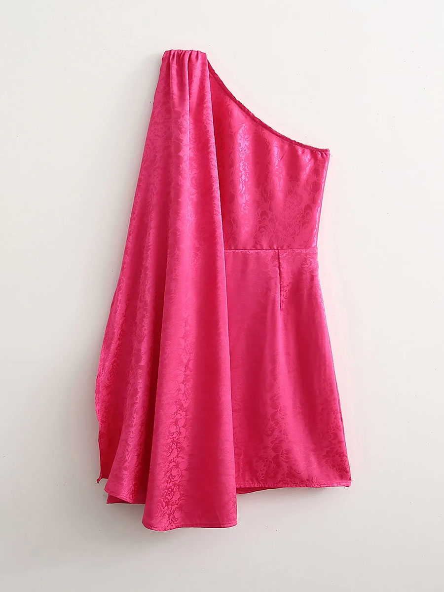 Fashion Rose Red Jacquard Slanted Shoulder Waist Cutout Dress,Mini & Short Dresses