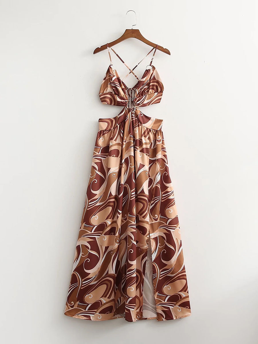 Fashion Brown Printed Cutout Slit Dress,Long Dress