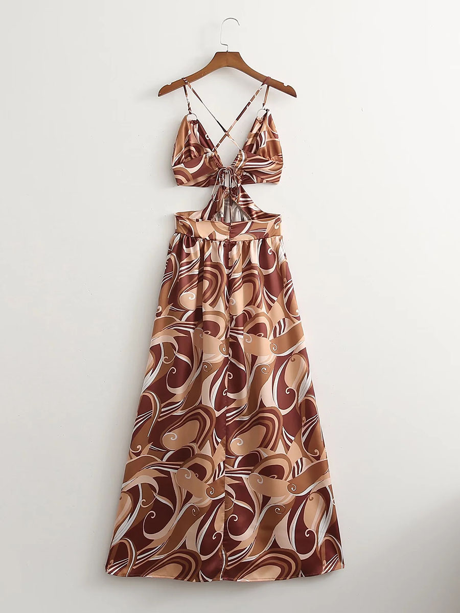 Fashion Brown Printed Cutout Slit Dress,Long Dress